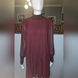 Club Monaco Burgundy Long Sleeve Pleated Dress